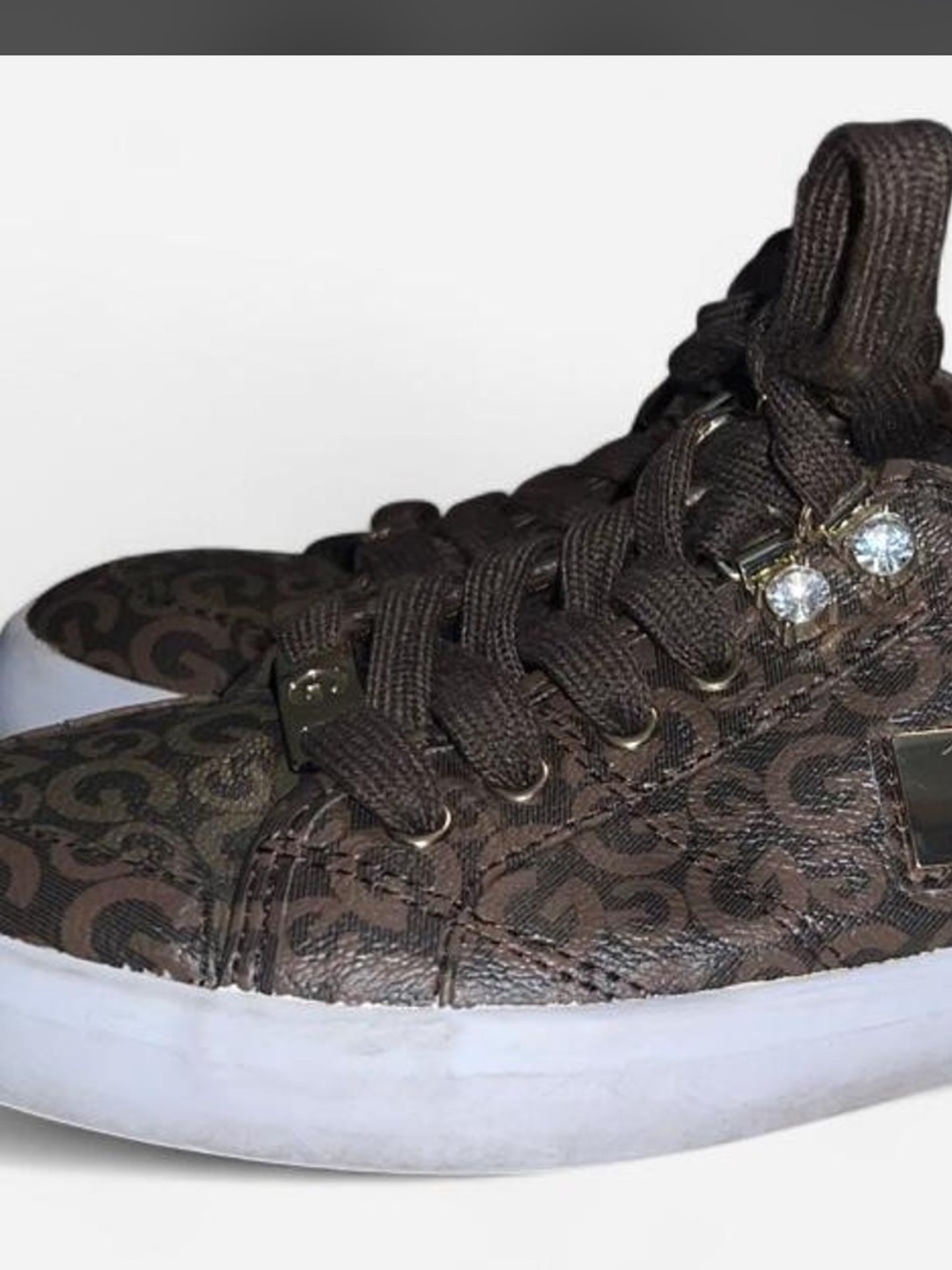 Woman’s Guess Brown Signature Pattern High-Top Sneakers with Crystal size 7 new